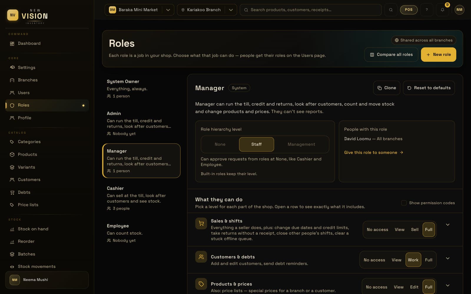 Roles: what a Manager can do in each part of the shop